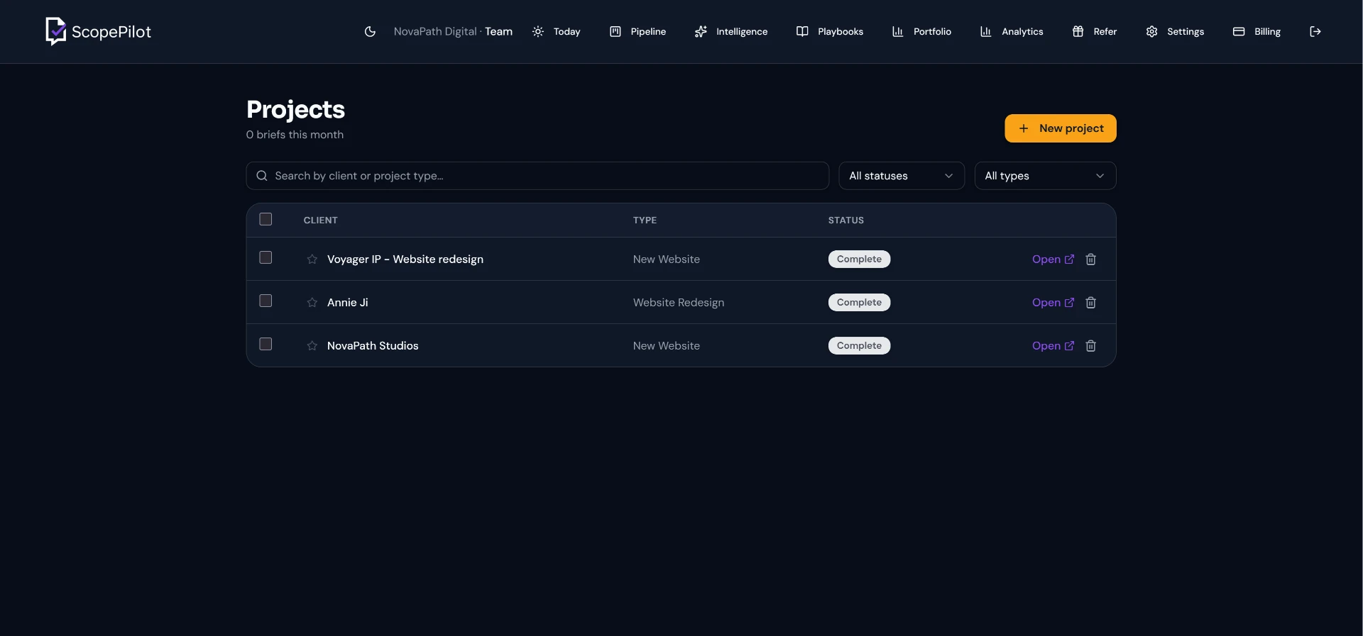 ScopePilot, Agency dashboard with project pipeline
